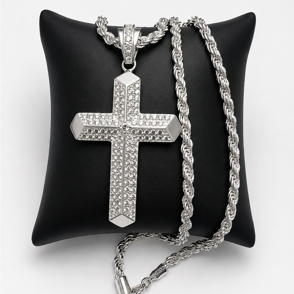 925 Sterling Silver Cubic Zirconia Cross Pendant Men’s Necklace Size 22”